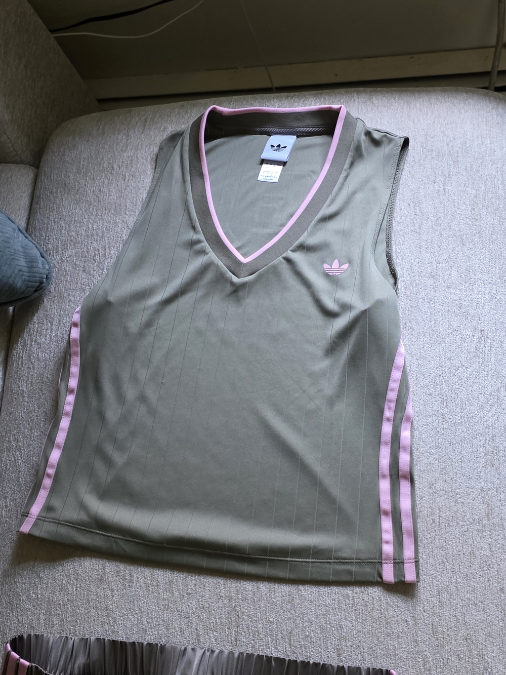 adidas Olive Green V-Neck Tank with Pink Trim